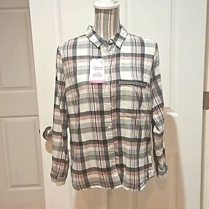Comfort Outfiter Women Plaid Cotton Flanner Long sleeve Button down Shirt SizeXL